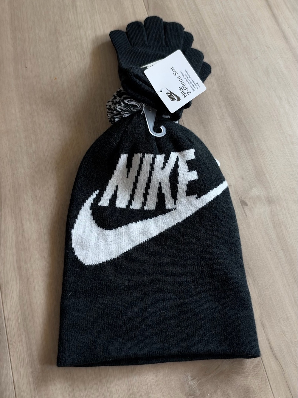 Nike Black & White Kids Logo Beanie with Gloves